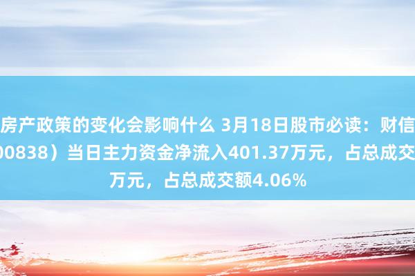 房产政策的变化会影响什么 3月18日股市必读：财信发展（000838）当日主力资金净流入401.37万元，占总成交额4.06%